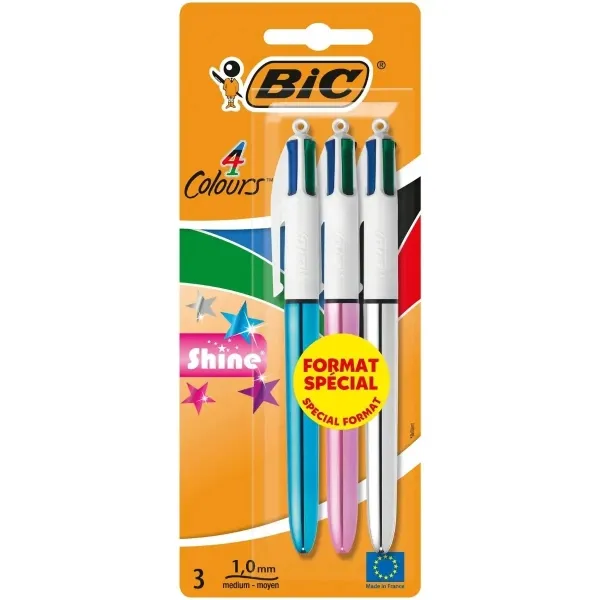 Bic 4 Colours Shine Pack de 3 Boligrafos de Bola Retractil - Punta de 1mm - Trazo de 0.4mm - Tinta con Base de Aceite - Cuerpo Oro/Blanco - 4 Colores - immagine 1