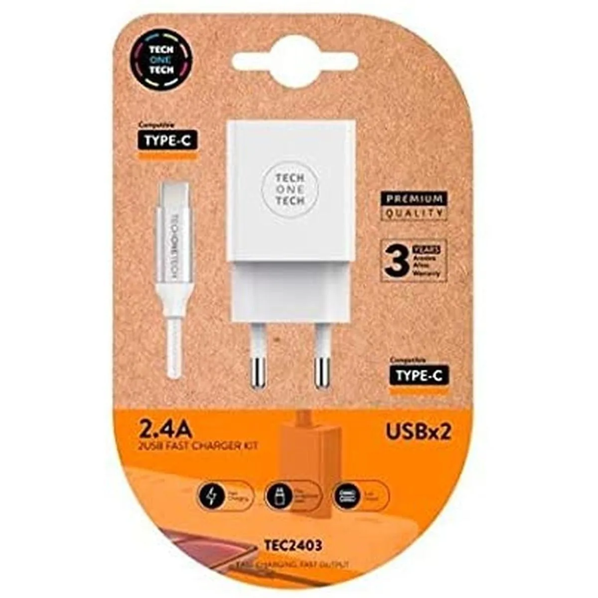Caricabatterie da rete TechOneTech + Cavo da USB-A a USB-C da 1 m - Rivestito in nylon intrecciato - immagine 1