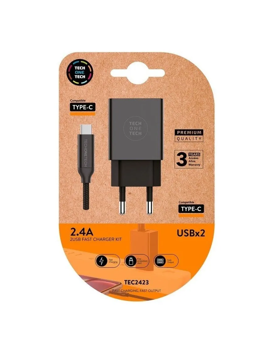 Caricabatterie da parete TechOneTech + Cavo da USB-A a USB-C da 1 m - Rivestito in nylon intrecciato - immagine 1