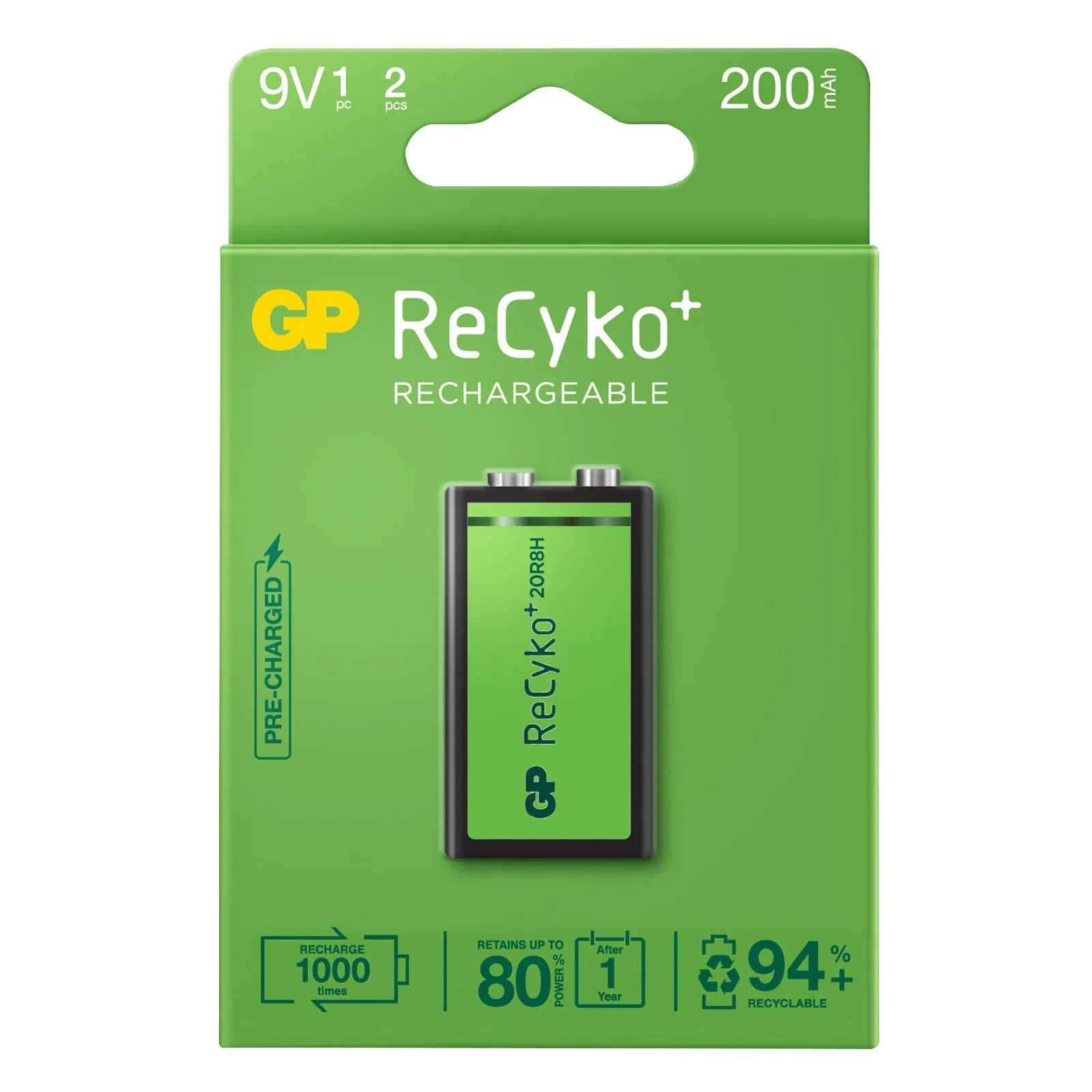 Batteria ricaricabile GP ReCyko 200mAh 9V - Pre-caricata - Ciclo di vita: fino a 1000 volte - immagine 1