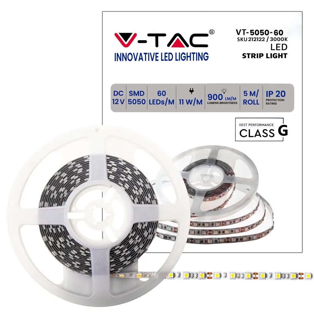 V-TAC Strip LED SMD5050 11W/m 5m 60 LED/m 3000K 12V IP20 10mm - immagine 1