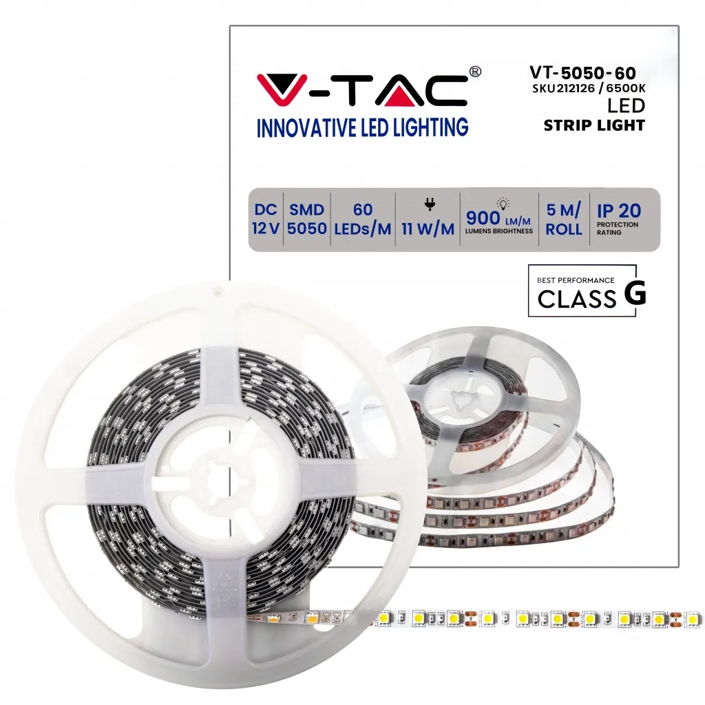 V-TAC Strip LED SMD5050 11W/m 5m 60 LED/m 12V 6500K IP20 10mm - immagine 1