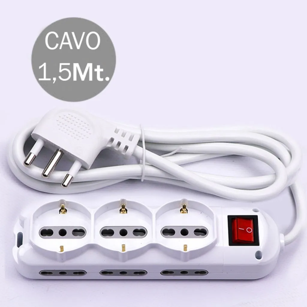 V-TAC Multipresa con Cavo 15m 6 Prese Laterali 10/16A 2P+T Bipasso 3 Frontali 10/16A 2P+T Bipasso Schuko con Interruttore Spina 16A 2P+T - immagine 1
