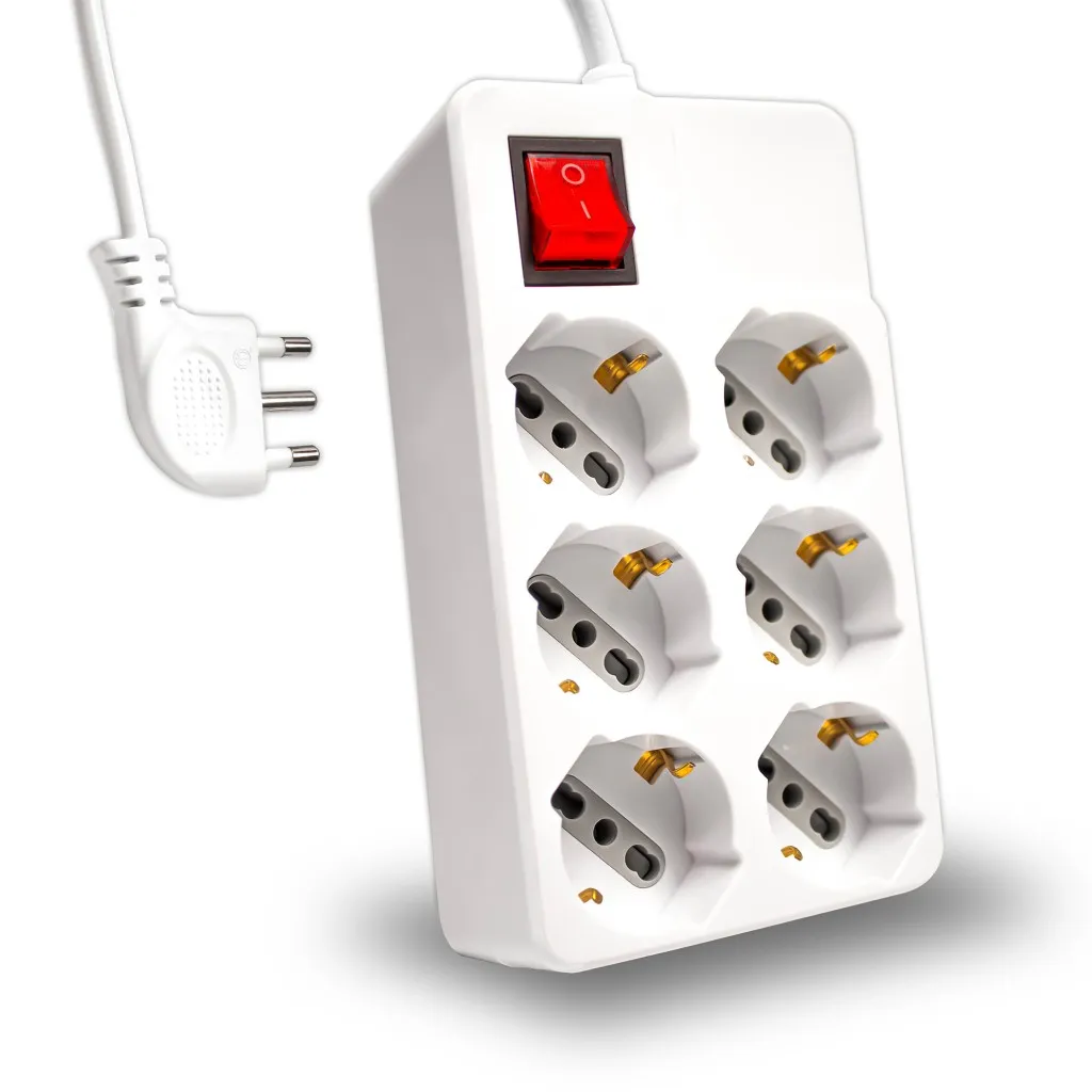 V-TAC Multipresa con Cavo 15m 6 Prese 10/16A 2P+T Bipasso + Schuko con Interruttore Luminoso Spina 16A 2P+T Colore Bianco - immagine 1
