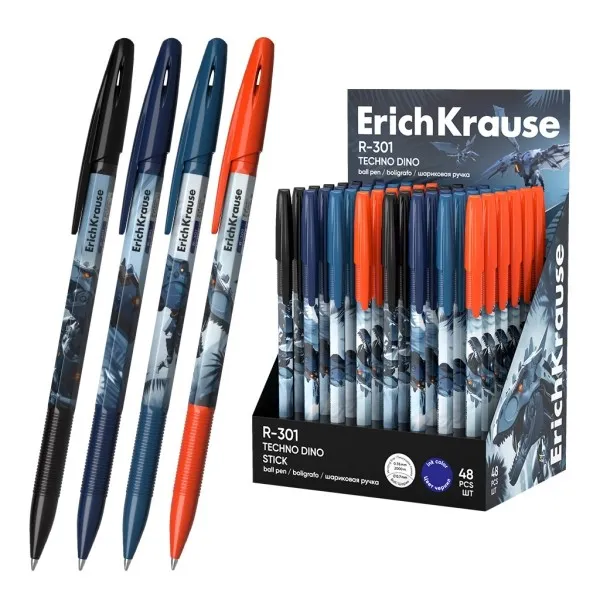 Espositore per penne ErichKrause R-301 Stick Techno Dino con 48 penne con cappuccio - Modelli assortiti - Tratto da 035 mm - Inchiostro ad asciugatura rapida - Cappuccio ventilato - Blu - immagine 1
