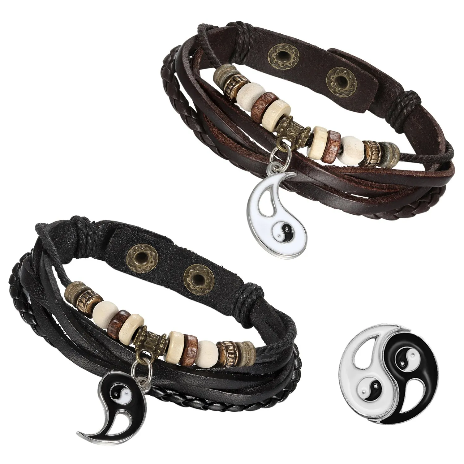 Flongo 2pcs Bracciali per amanti coppie, Yin Yang Tai Chi ciondolo nero bianco, Bracciali in pelle intrecciata tribal, buon regalo di San Valentino/Natale (C) - immagine 1