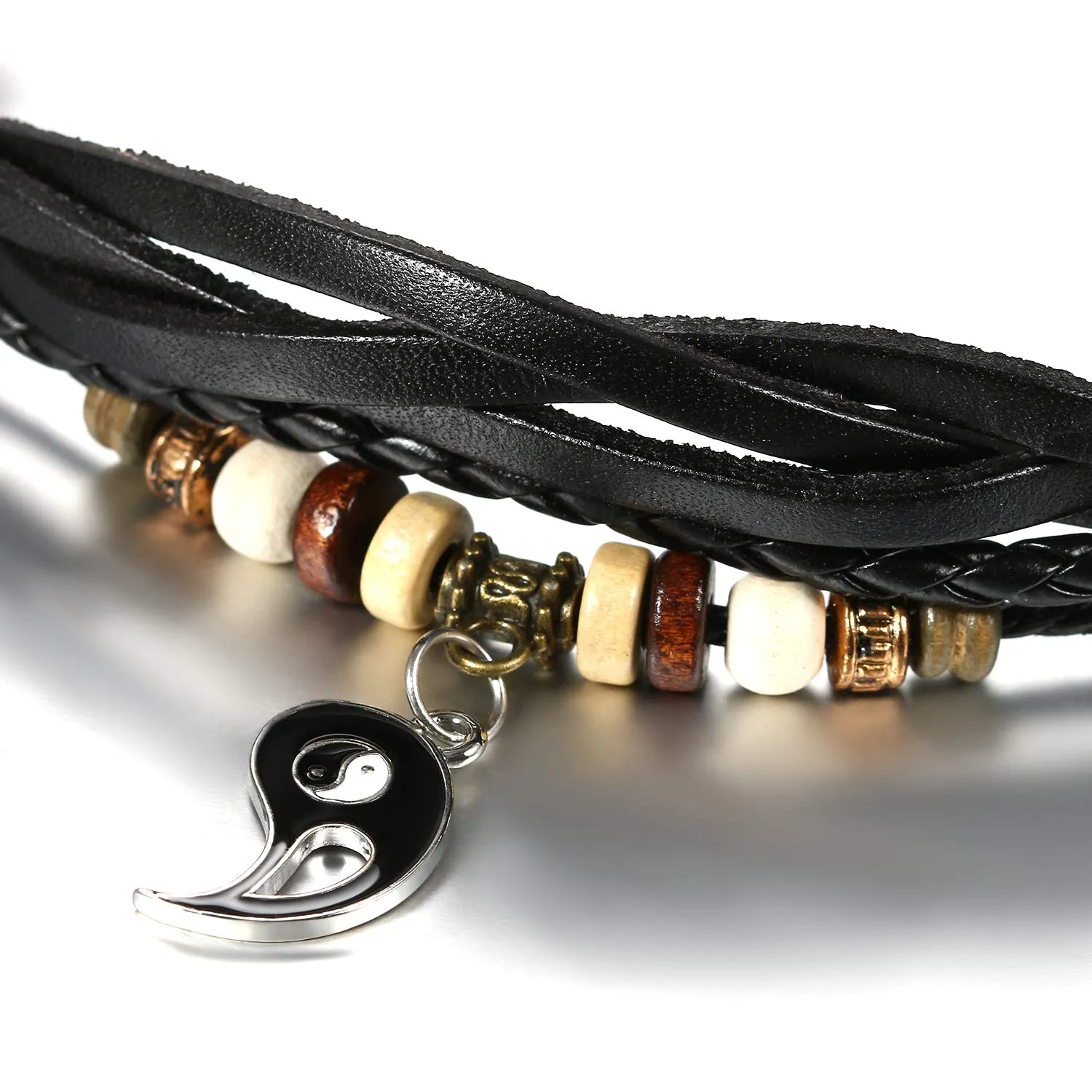 Flongo 2pcs Bracciali per amanti coppie, Yin Yang Tai Chi ciondolo nero bianco, Bracciali in pelle intrecciata tribal, buon regalo di San Valentino/Natale (C) - immagine 6