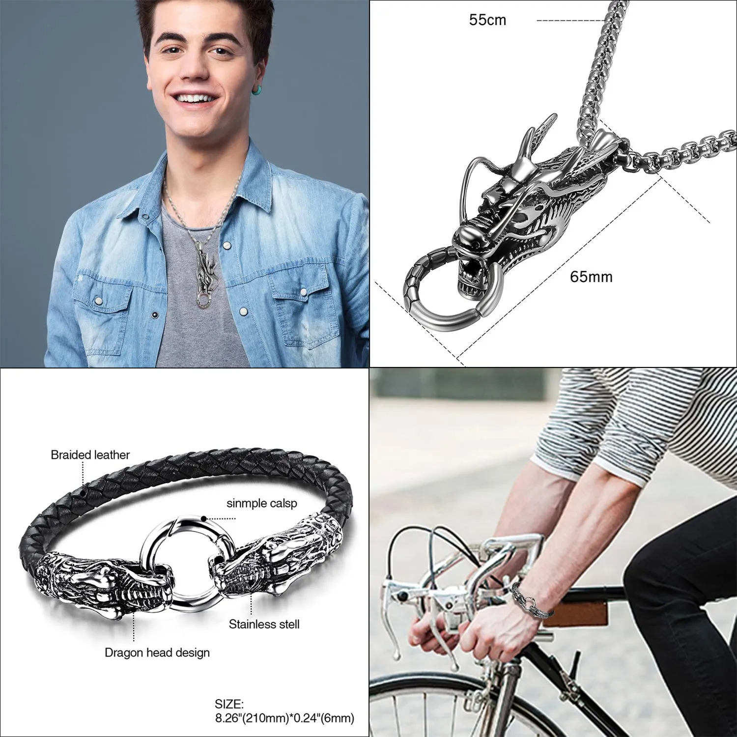 Aroncent Bracciale Drago Collana Uomo Bracciale in Pelle Unisex in Acciaio Inox Aperto Vintage Bracciale Lucido Braccialetto in Filo di Pelle Avvolgente Collana, Nero, Argento - immagine 3