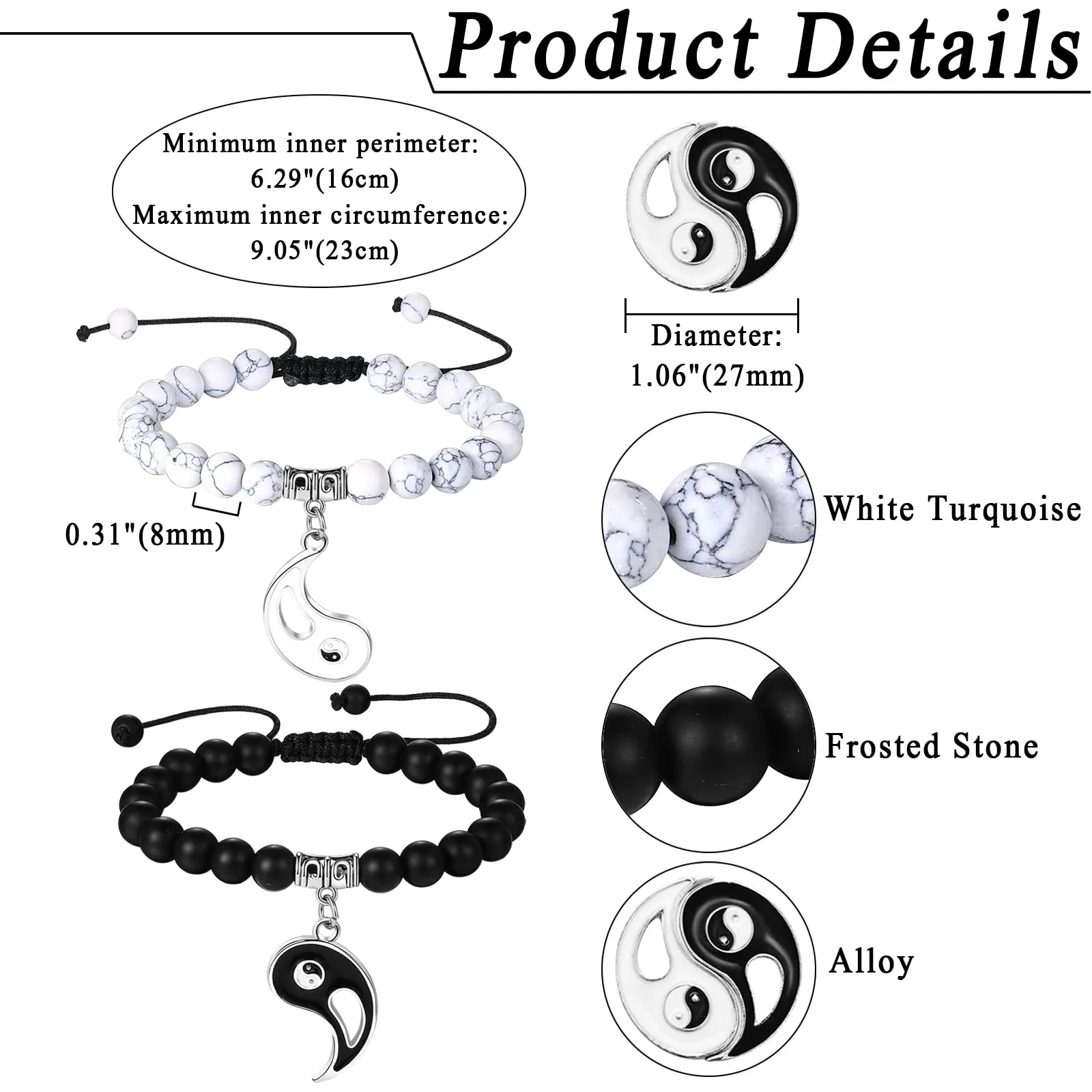 Flongo 2pcs Bracciali per Amanti Coppie, Yin Yang Tai Chi Ciondolo Nero Bianco, Bracciali in Pelle Intrecciata Tribal, Buon Regalo di San Valentino/Natale - immagine 5
