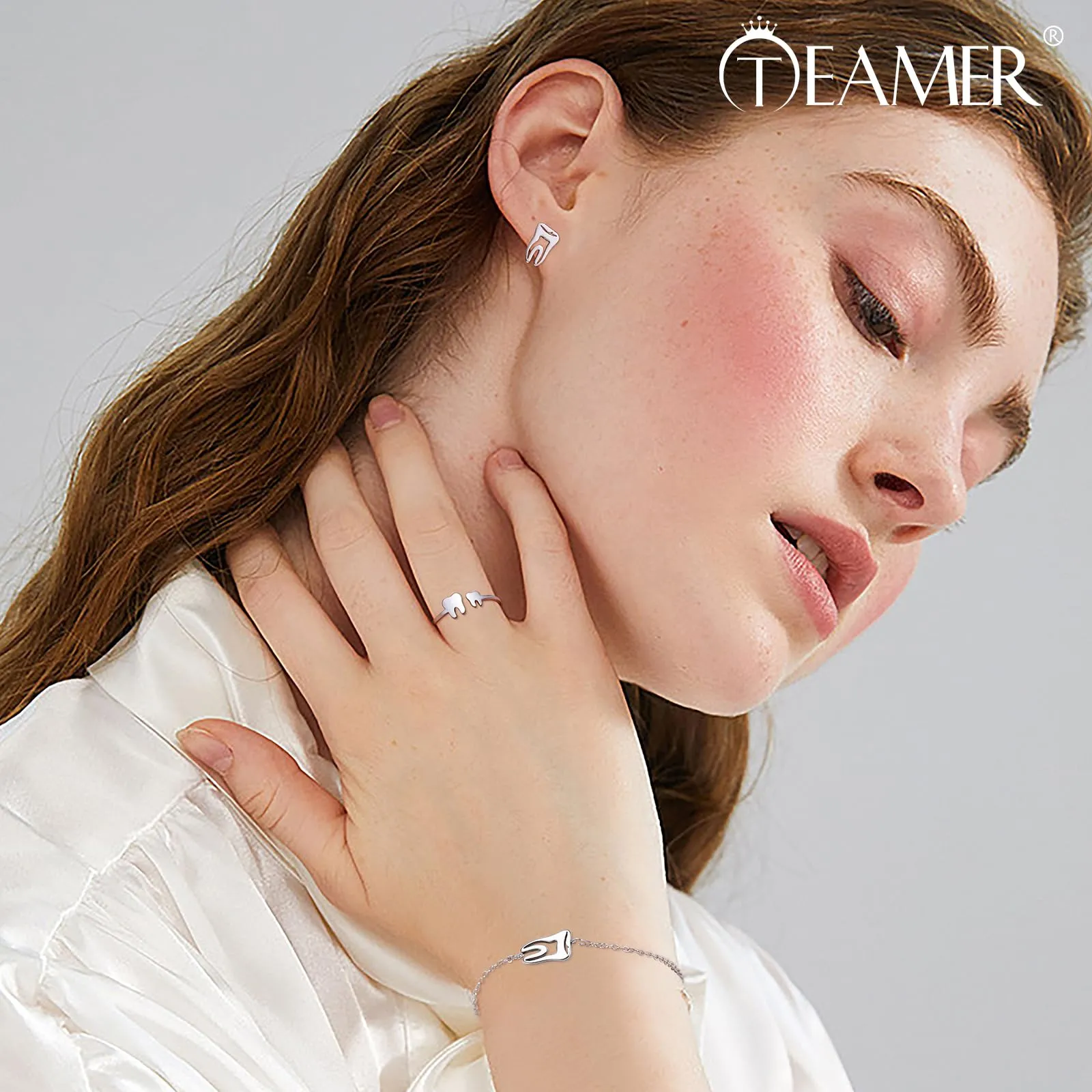 TEAMER Moda Dente Collana Argento Acciaio inox proteggere i denti Ciondolo Bracciale Anello Dichiarazione Dentista Gioielli quotidiani Regali (Anello del dente - Argento) - immagine 4