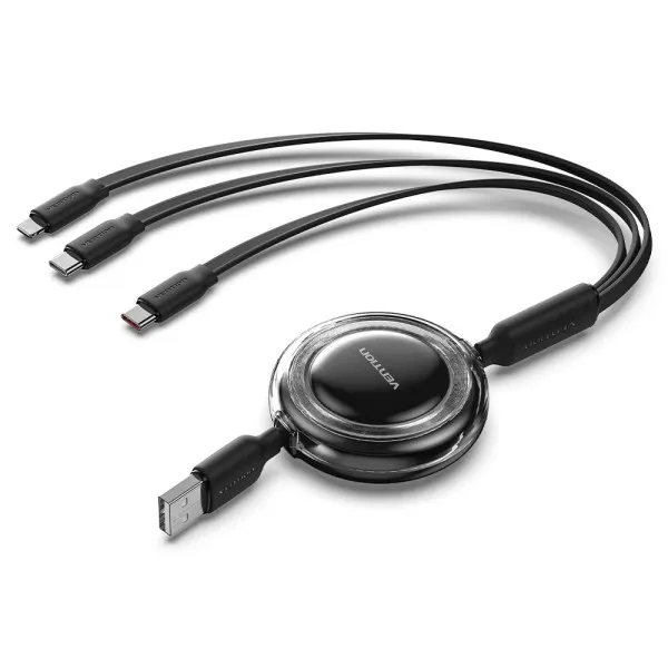 Cavo multi-USB Vention - Lunghezza regolabile fino a 11 m - Retrattile - USB-A - 2xUSB-C - Lightning - Velocità fino a 480 Mbps - Nero - immagine 1
