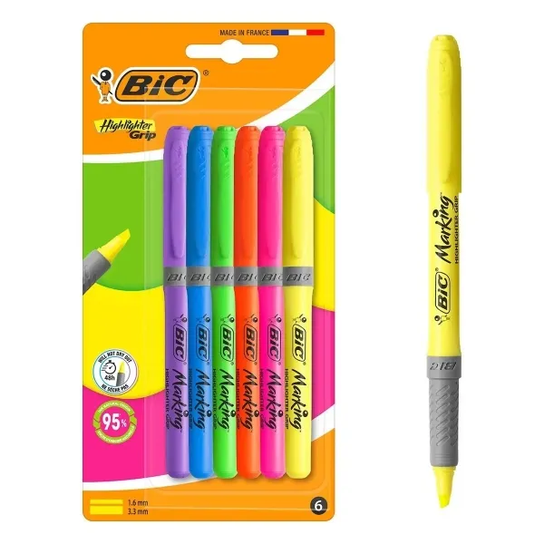Set di 6 evidenziatori Bic con punta a scalpello fluorescenti - Tratto da 160 a 330 mm - Impugnatura testurizzata - Colori assortiti - immagine 1