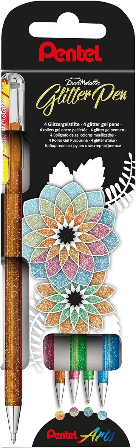 Pentel Hybrid Dual Metallic Confezione da 4 penne a sfera con inchiostro gel brillante - Punta da 1 mm - Tratto da 05 mm - Colori vivaci assortiti - immagine 1