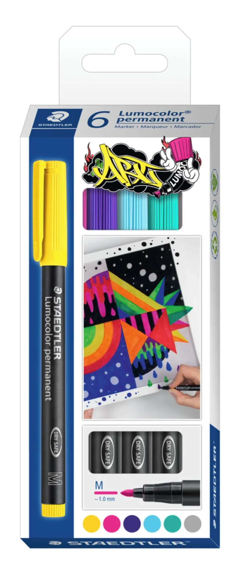 Staedtler Lumocolor 317 Confezione da 6 pennarelli indelebili - Punta rotonda media - Linea di circa 1 mm - Cappuccio con clip - Asciugatura rapida - Colori assortiti - immagine 1