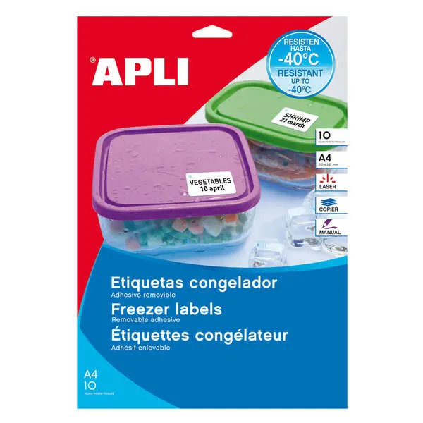 Apli Confezione da 650 etichette speciali per congelatore 381x212 mm - 10 fogli da 65 etichette - Adesivo rimovibile resistente a -40º - Bordi dritti - Bianco - immagine 1