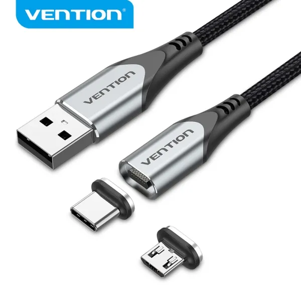 Cavo magnetico Vention CQMHD da USB-A 2.0 a Micro-B e USB-C - Connettori intercambiabili - Velocità di trasferimento 480 Mb/s - Grigio - immagine 1