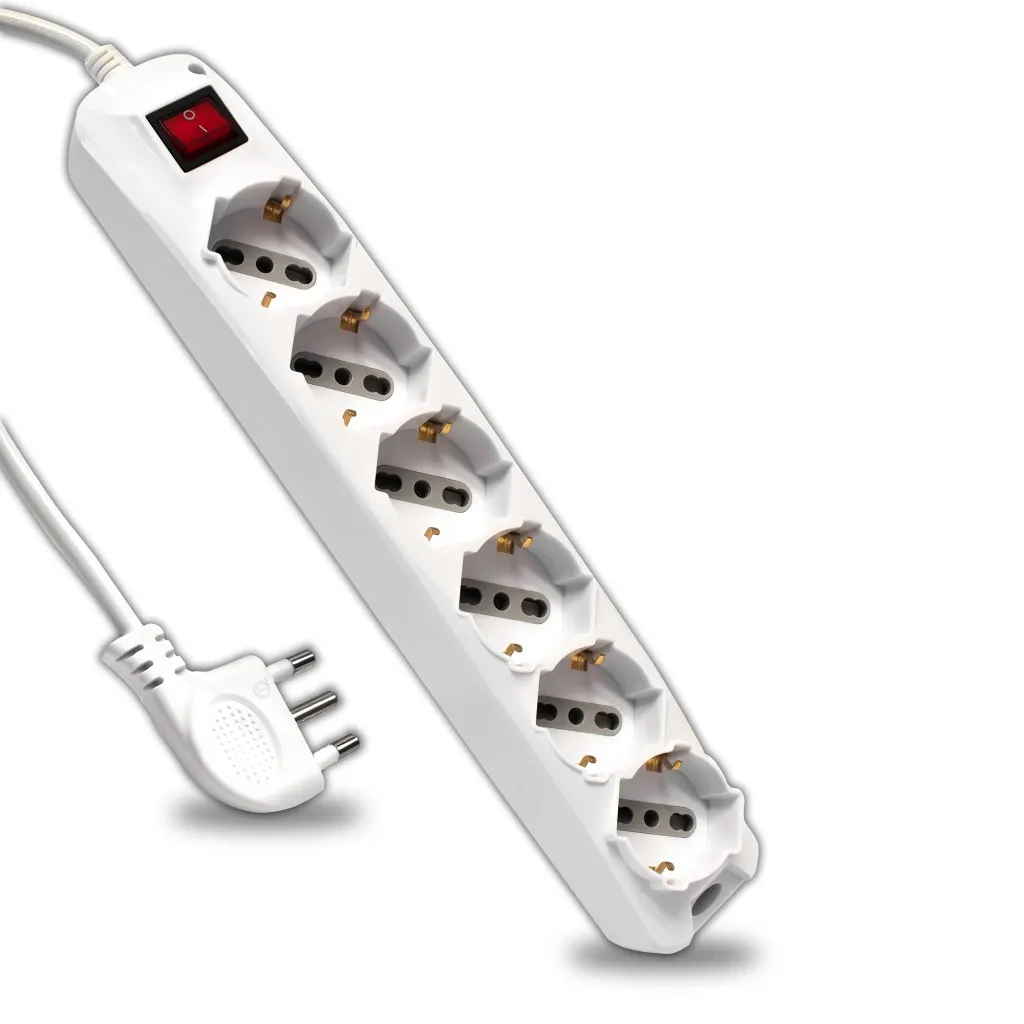 V-TAC Multipresa con Cavo 15m 6 Prese 10/16A 2P+T Bipasso + Schuko Interruttore Luminoso Spina 16A 2P+T Colore Bianco - immagine 1