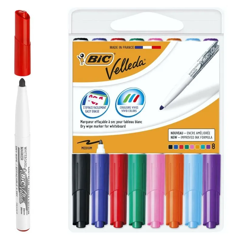 Bic Velleda 1741 Confezione da 8 Pennarelli per Lavagna - Punta Media - Linea 14 mm - Cancellazione Ottimale - Colori Assortiti - immagine 1