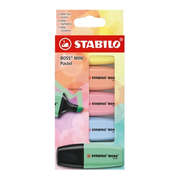 Stabilo Boss Mini Pastel Confezione da 5 pennarelli fluorescenti - Tratto da 2 a 5 mm - Inchiostro a base d'acqua - Anti-essiccazione - Verde Rosa Blu Arancione e Giallo - immagine 1