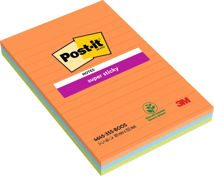 Confezione da 3 blocchetti di Post-it Super Sticky da 45 foglietti adesivi riposizionabili - Forma rettangolare - 101x152 mm - Colori assortiti - immagine 1