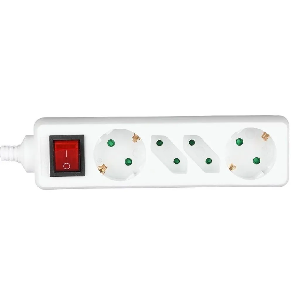 V-TAC Multipresa con Cavo 15m 4 Prese 2 10A 2P + Schuko 2 10A e Interruttore Luminoso Spina Schuko Colore Bianco - immagine 1