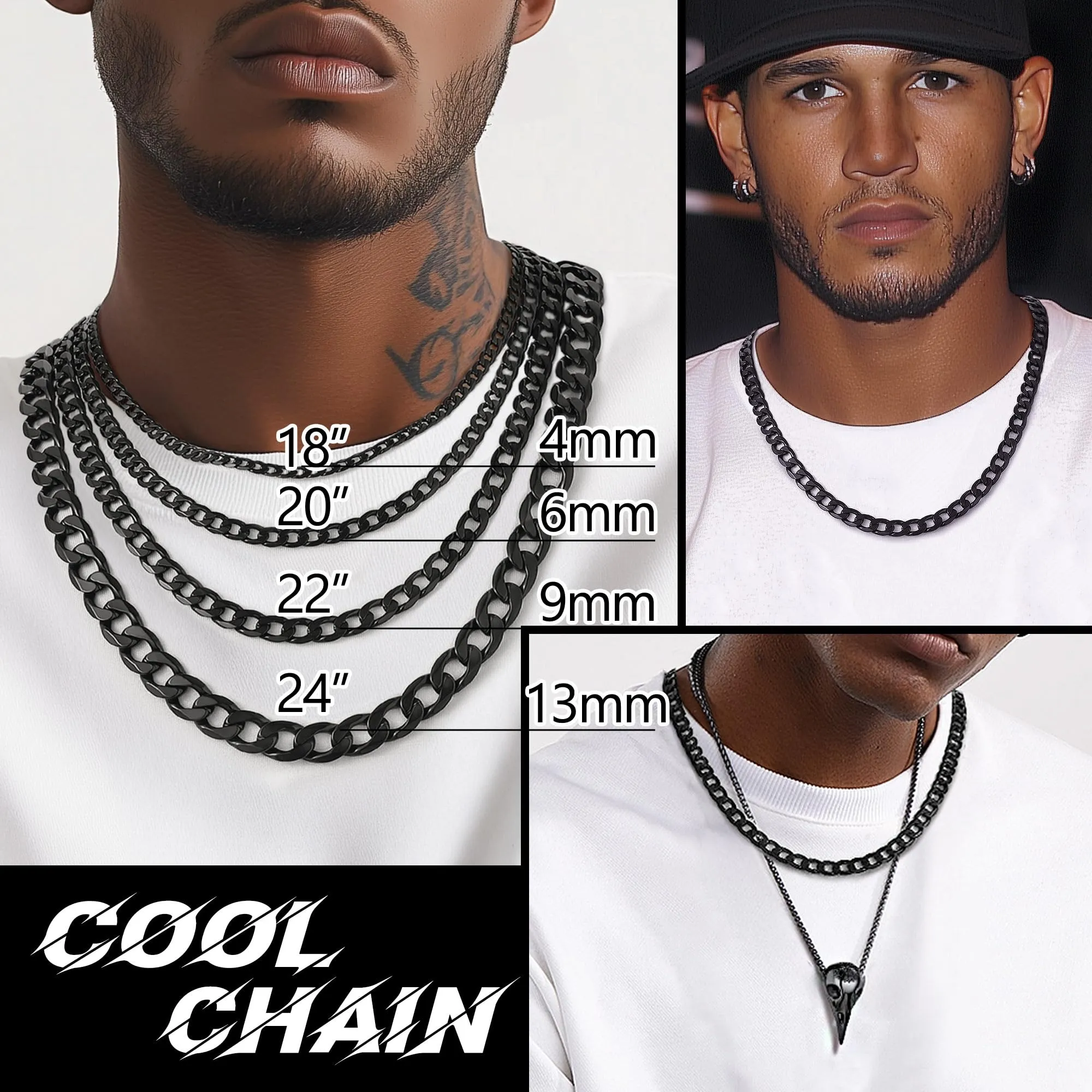 Collana Uomo Acciaio Hiphop Catena Cubana Nero 9mm 55cm Regalo Ragazzo - immagine 2