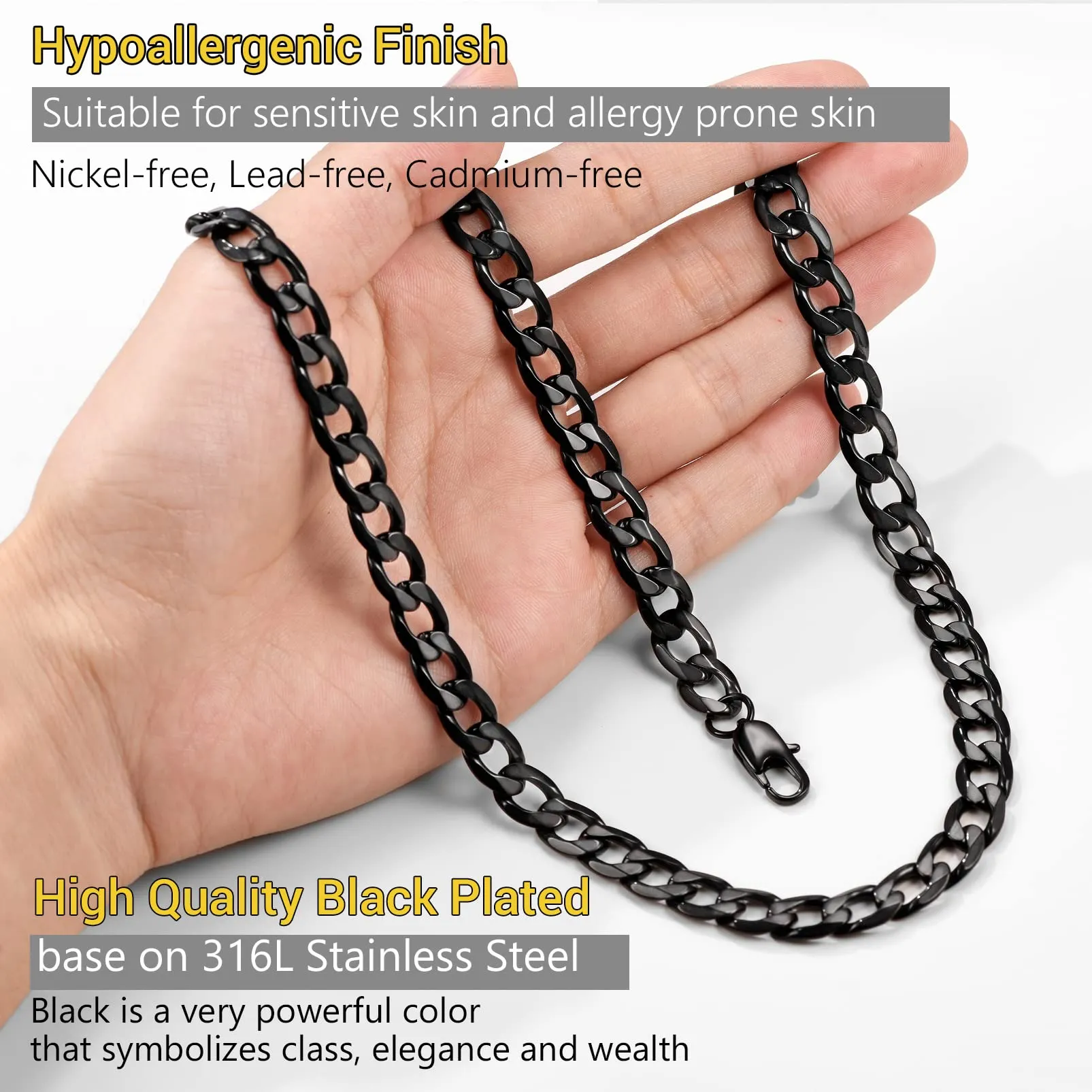 Collana Uomo Acciaio Hiphop Catena Cubana Nero 9mm 55cm Regalo Ragazzo - immagine 5