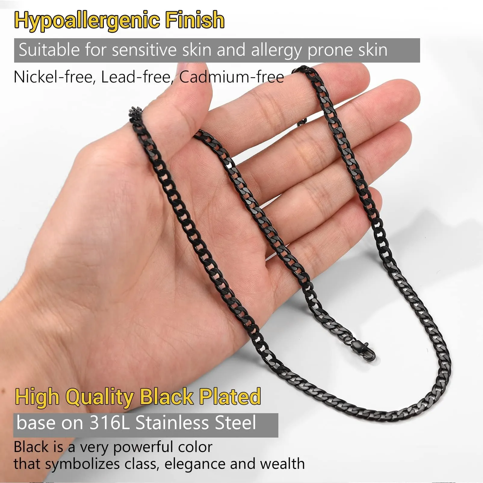 Collana Uomo Acciaio Hiphop Catena Cubana Nero 4mm 46cm Regalo Ragazzo - immagine 6