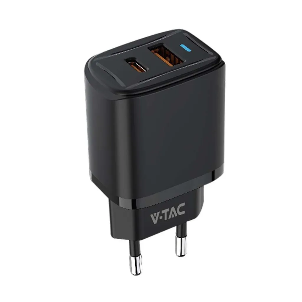 V-TAC Adattatore da Viaggio USB 20W 1 PD+1 QC Colore Nero - immagine 1