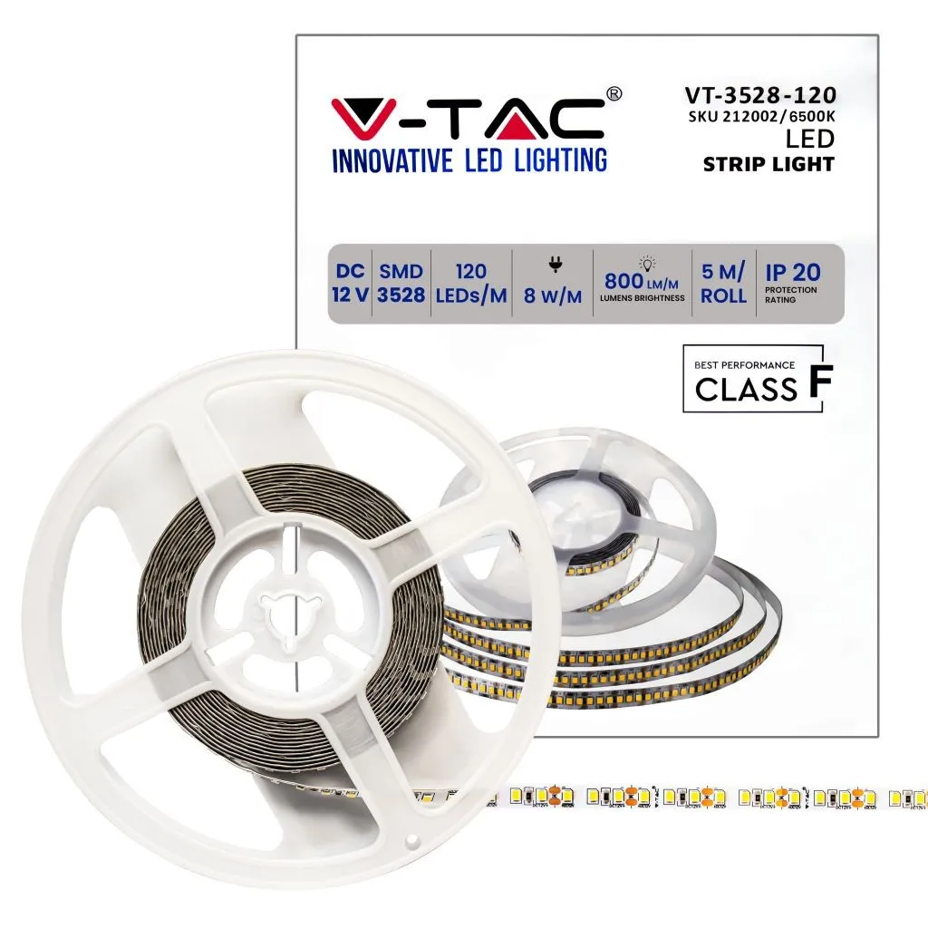V-TAC Strip LED SMD3528 8W/m 5m 120 LED/m 12V 6500K IP20 8mm - immagine 1