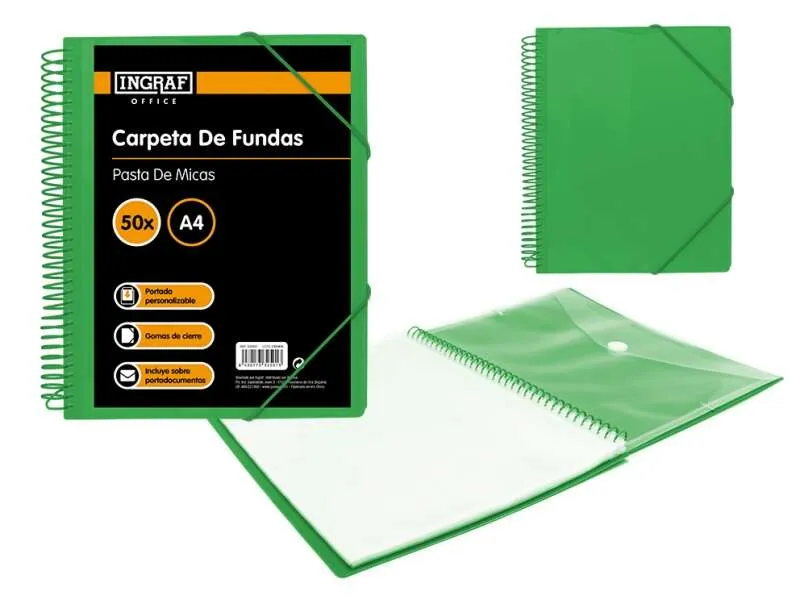 Cartella Ingraf 50 Copertine A4 + Busta con Chiusura - Spirale in Plastica Indeformabile - Apertura a 360 Gradi - Copertina Personalizzabile - Colore Verde - immagine 1
