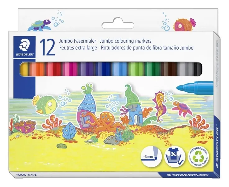 Staedtler Noris 340 Confezione da 12 pennarelli grandi - Tratto circa 3 mm - Facilmente lavabili - Inchiostro a base d'acqua - Colori assortiti - immagine 1