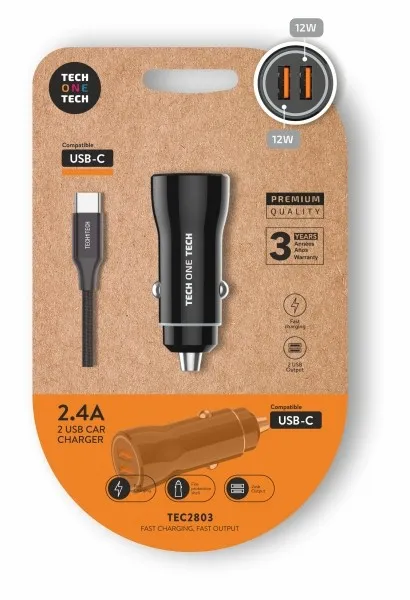 Caricabatterie da auto doppio TechOneTech + cavo da USB-A a USB-C - Alte prestazioni - Nero - immagine 1