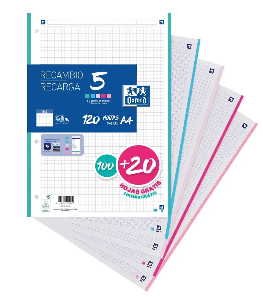 Oxford 5 Ricariche Formato A4 Griglia 5x5mm 4 Fori - 100 Fogli + 20 Omaggio - Fascia di 5 Colori Pastello - immagine 1