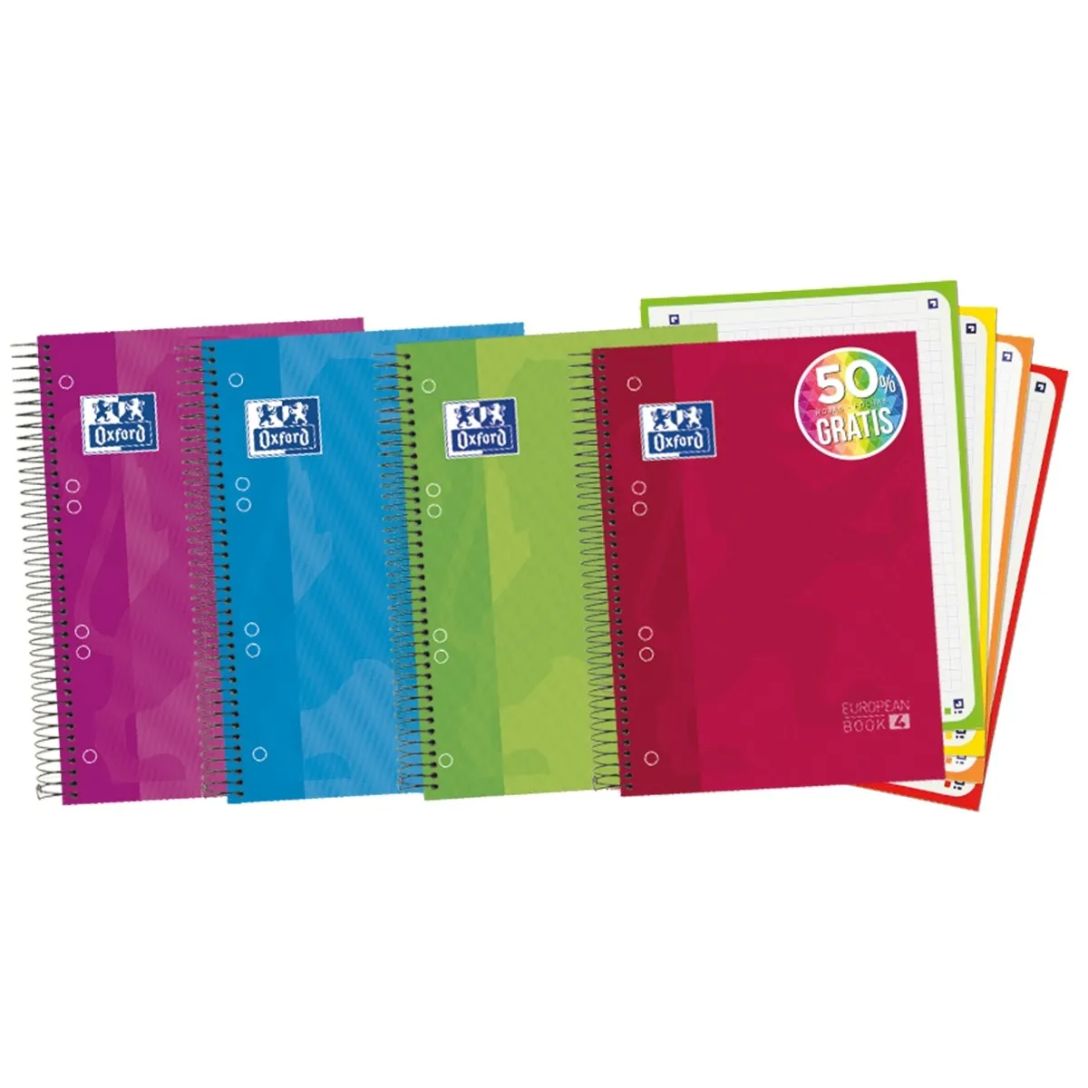 Oxford Europeanbook 4 Quaderno a Spirale Formato A5+ Griglia 5x5mm - 120 Fogli - Copertina Extra Rigida Finitura Lucida - 4 Bande Colorate - Colori Assortiti - immagine 1