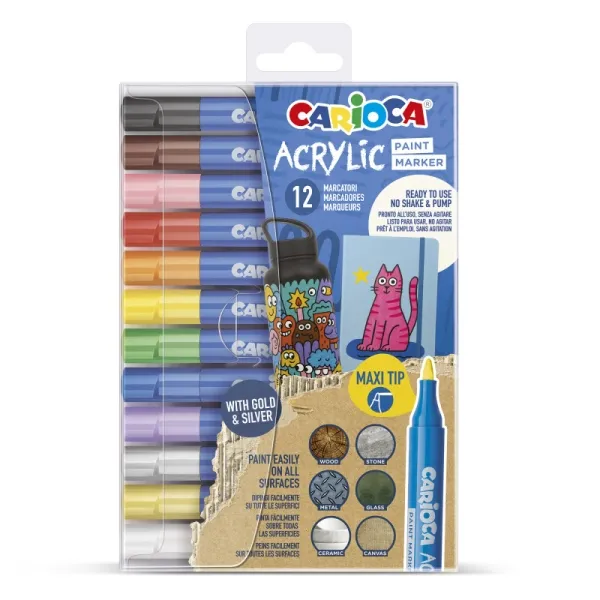Pennarelli acrilici Carioca confezione da 12 - Punta maxi - Inchiostro a base d'acqua - Alta copertura - Colori assortiti - immagine 1