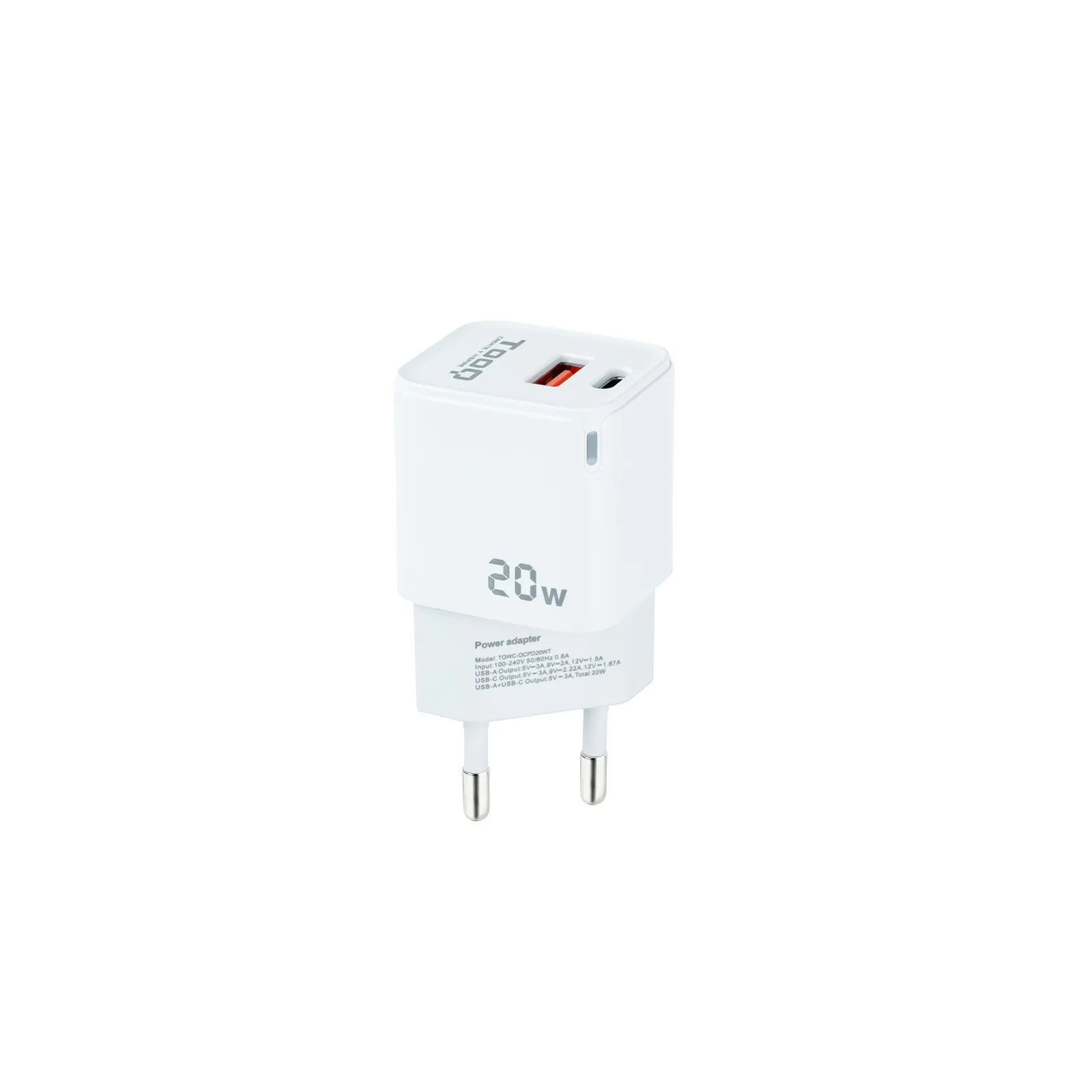 Caricabatterie da muro Tooq USB-C/PD + USB-A/QC 20W - Colore bianco - immagine 1