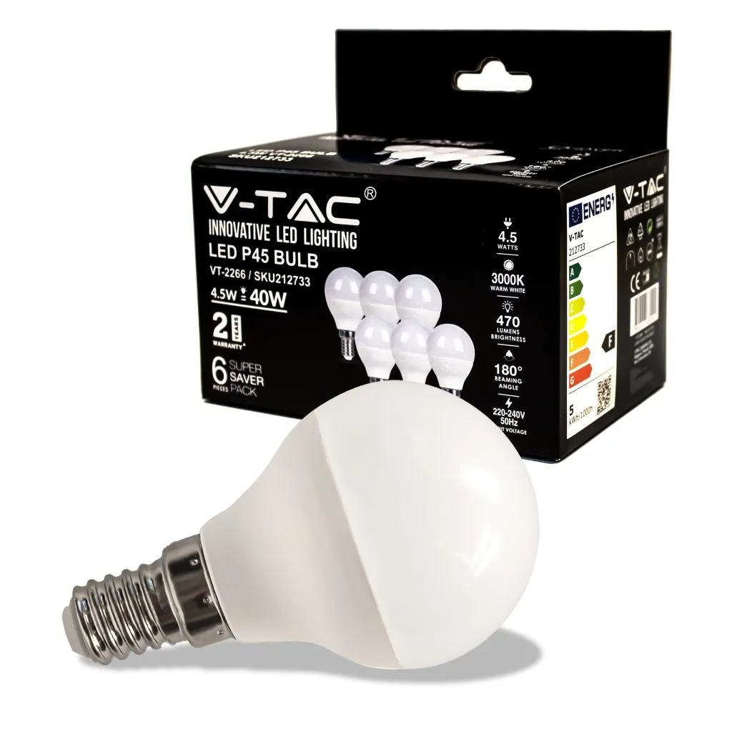 V-TAC Lampadina LED E14 45W P45 3000K (Box 6 pezzi) - immagine 1