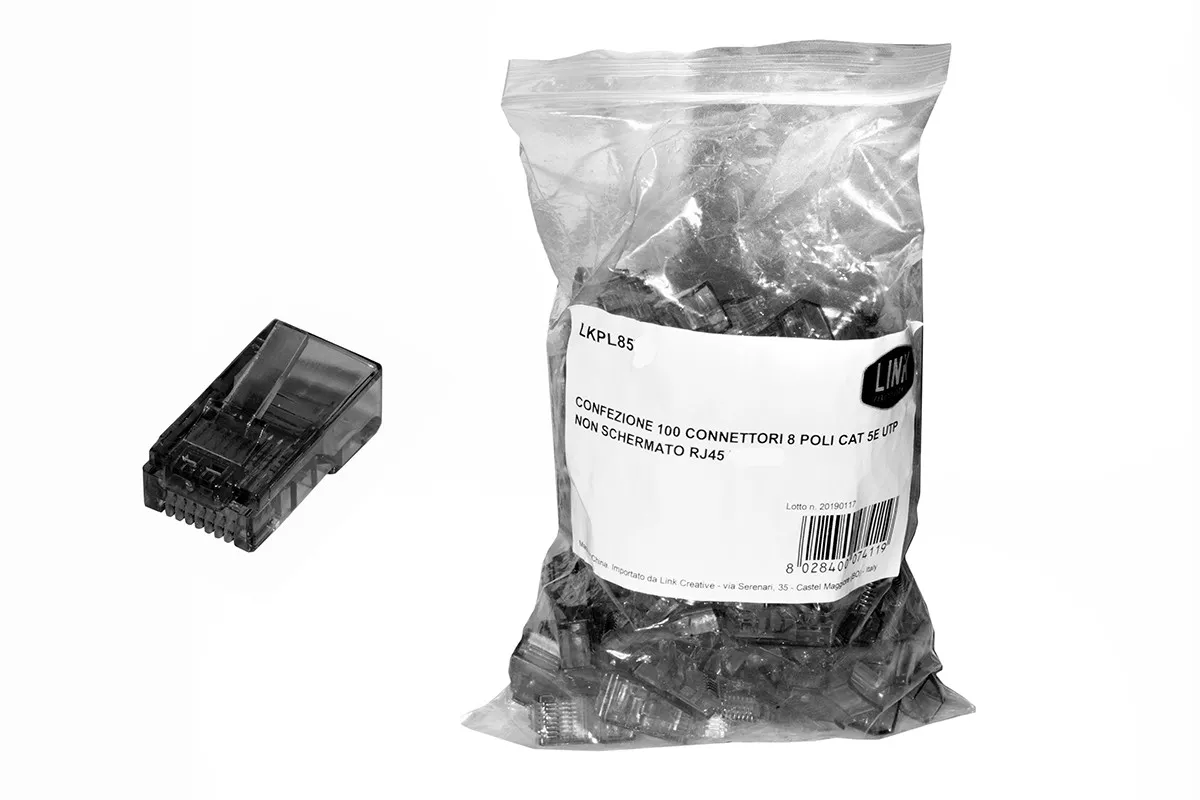 Confezione 100 Connettori 8 Poli Cat 5E Utp Non Schermato Rj45 Nero Per Cavo Flessibile - immagine 1