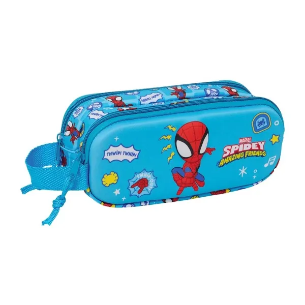 Astuccio Safta Spidey 3D - 2 scomparti con cerniera - Maniglia laterale - Capacità 1 litro - 21x8x6 cm - Blu - immagine 1
