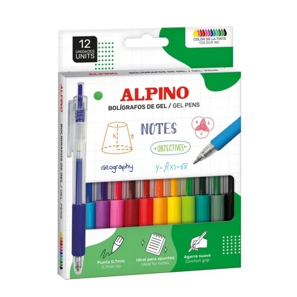 Confezione di 12 penne a gel retrattili Alpino Line - Punta da 07 mm - Impugnatura ergonomica - Colori assortiti - immagine 1