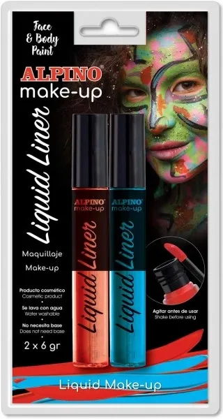 Alpino Makeup Liquid Liner Pack con 2 flaconi di trucco liquido con applicatore - Si lava via con acqua - Dermatologicamente testato - Colori blu e rosso - immagine 1
