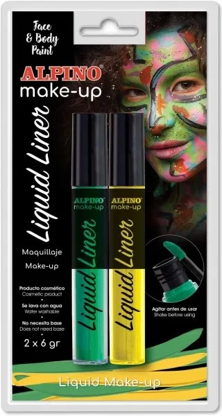 Alpino Makeup Liquid Liner Pack con 2 flaconi di trucco liquido con applicatore - Si lava via con acqua - Dermatologicamente testato - Colori giallo e verde - immagine 1