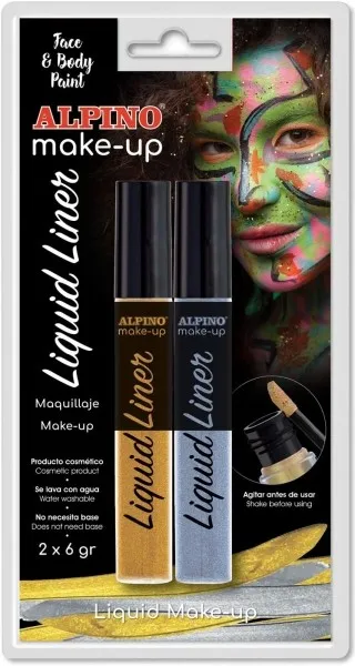 Alpino Makeup Liquid Liner Pack con 2 flaconi di trucco liquido con applicatore - Si lava via con acqua - Dermatologicamente testato - Colori oro e argento - immagine 1
