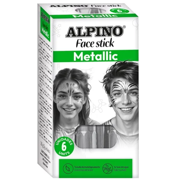 Alpino Fiesta Face Stick Pack con 6 stick di pittura per il viso - Sistema rotante retrattile - Lavabile con acqua - Dermatologicamente testato - Colore argento - immagine 1
