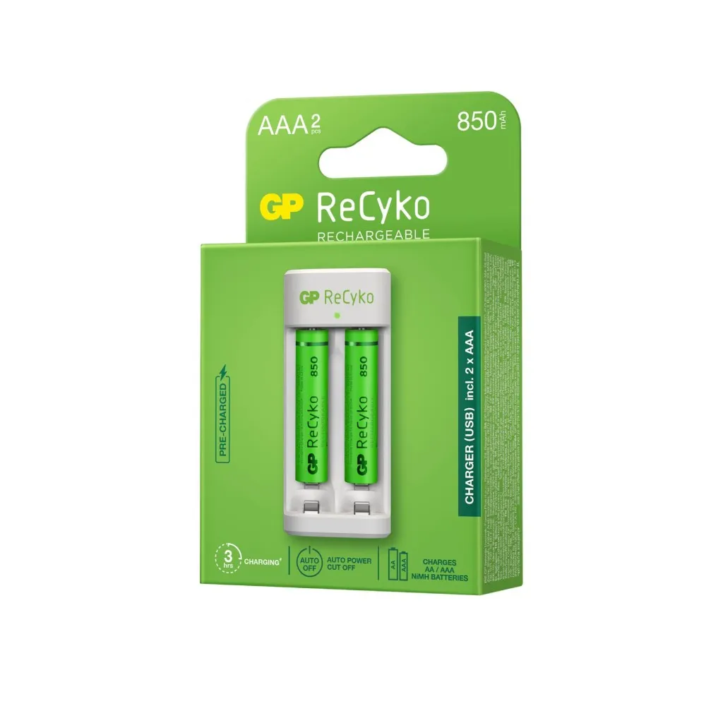 GP Battery Caricabatterie USB Recyko E211 con 2 Batterie Ricaricabili 15V Mini Stilo AAA NiMH 850mAh incluse - immagine 1