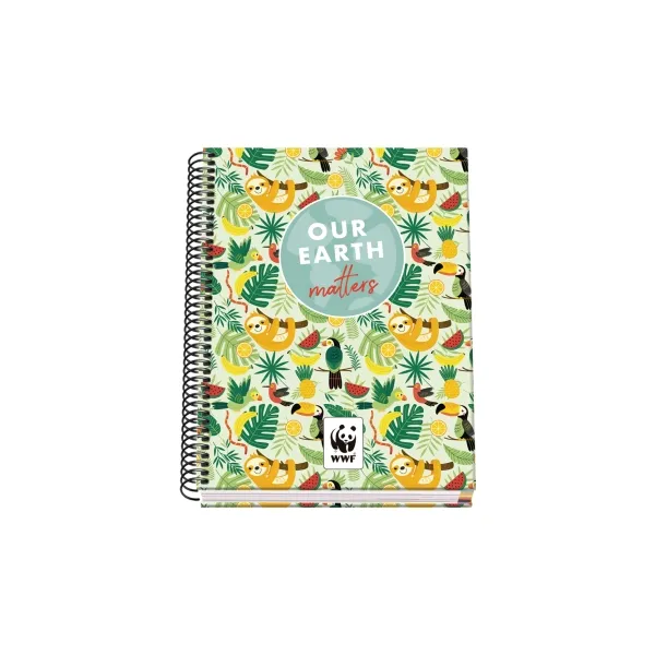 Quaderno a spirale Dohe WWF Tropic A5 100 fogli griglia da 5 mm copertina rigida stampa a colori e plastificazione lucida fasce colorate - immagine 1