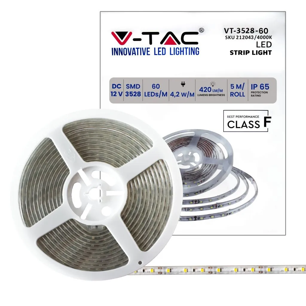 V-TAC Strip LED SMD3528 5W/m 5m 60 LED/m 12V 4000K IP65 8.8mm - immagine 1