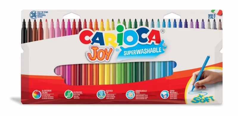 Pennarelli super lavabili Carioca Joy confezione da 36 - Punta fine 28 mm - Punta bloccata - Cappuccio ventilato - Colori assortiti - immagine 1