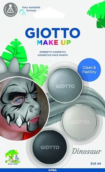 Giotto Make Up Dinosaur Pack con 3 trucchi viso a tema dinosauri - Si risciacqua con acqua - Dermatologicamente testato - Colori assortiti - immagine 1